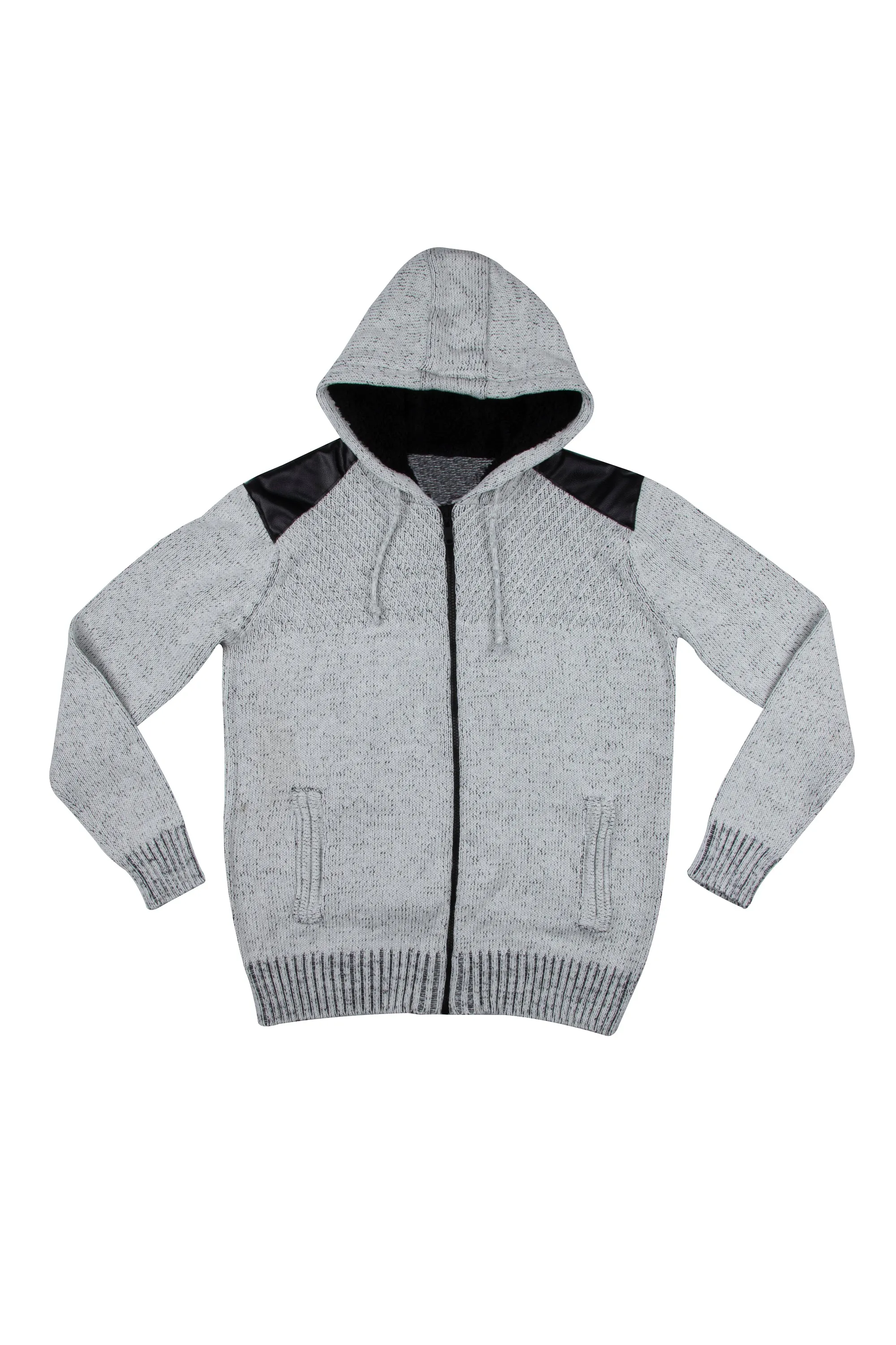 X RAY Men's Hooded Full Zip Up Sweater with Leather Shoulder Patch