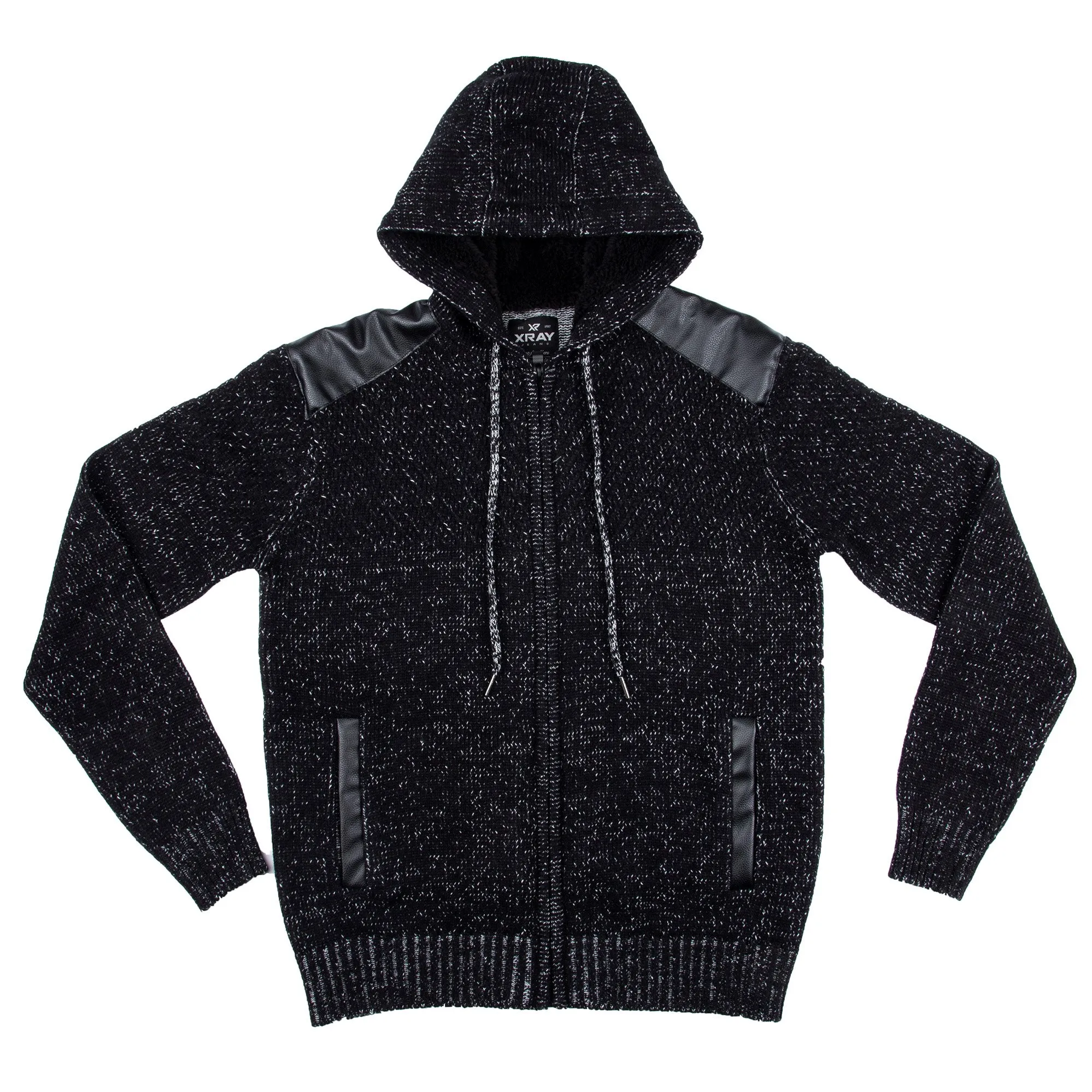 X RAY Men's Hooded Full Zip Up Sweater with Leather Shoulder Patch