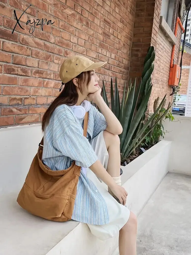 Xajzpa - Canvas Shoulder Bag for Women Hobos Small Messenger Crossbody Bag Casual Korean Style Handbag Purse Vintage Schoolbag