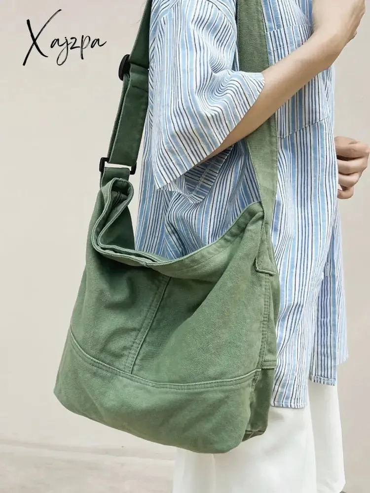 Xajzpa - Canvas Shoulder Bag for Women Hobos Small Messenger Crossbody Bag Casual Korean Style Handbag Purse Vintage Schoolbag