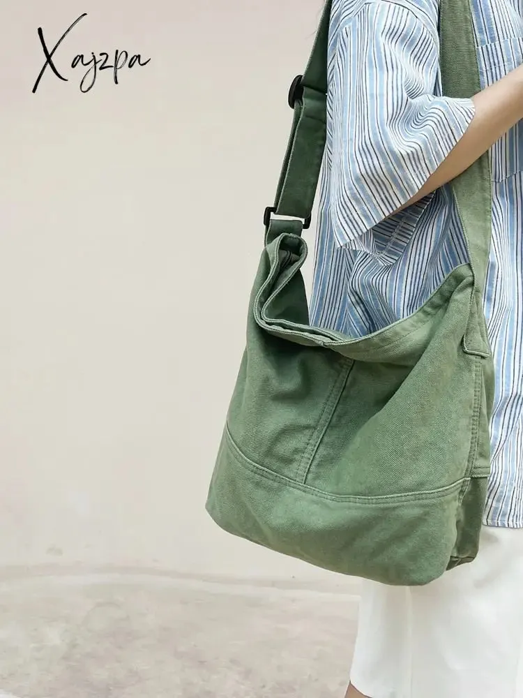 Xajzpa - Canvas Shoulder Bag for Women Hobos Small Messenger Crossbody Bag Casual Korean Style Handbag Purse Vintage Schoolbag