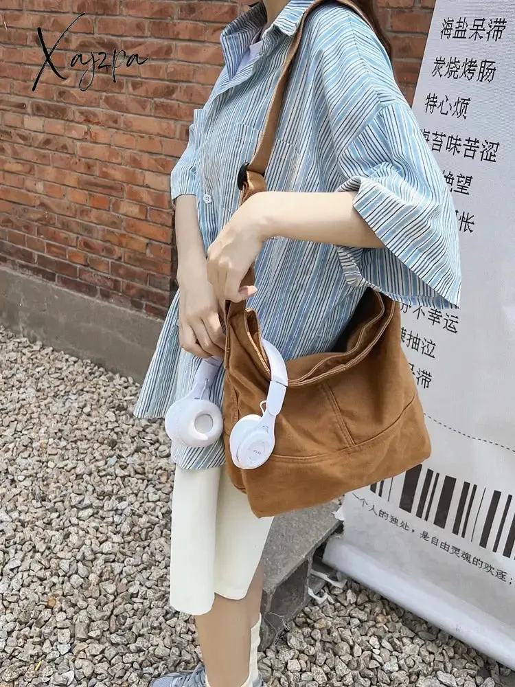 Xajzpa - Canvas Shoulder Bag for Women Hobos Small Messenger Crossbody Bag Casual Korean Style Handbag Purse Vintage Schoolbag